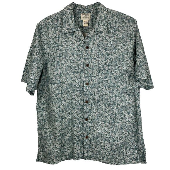 LL Bean Mens Green White Seashells Button Up Short Sleeve-M - Picture 2 of 12